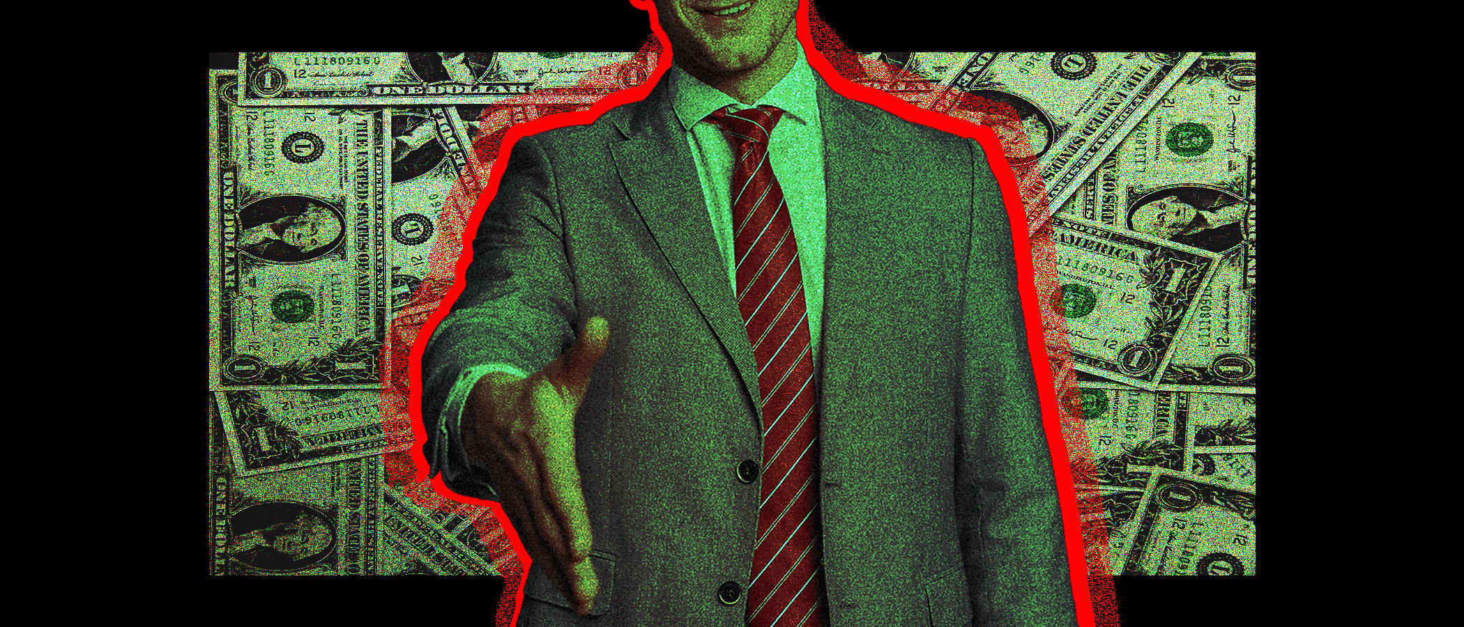 Daily Caller illustration of a politician against a backdrop of dollar bills